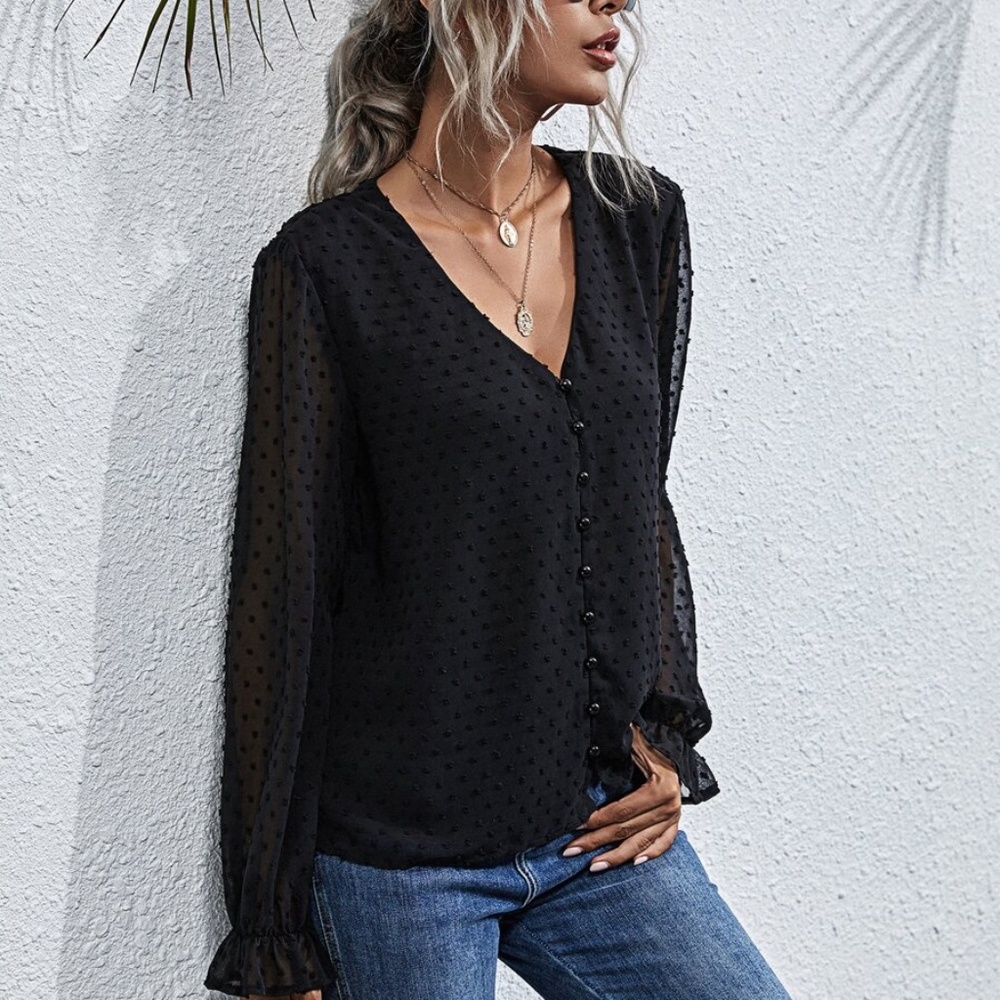 polka dot v neck button chiffon long sleeve top - Picture 5 of 11
